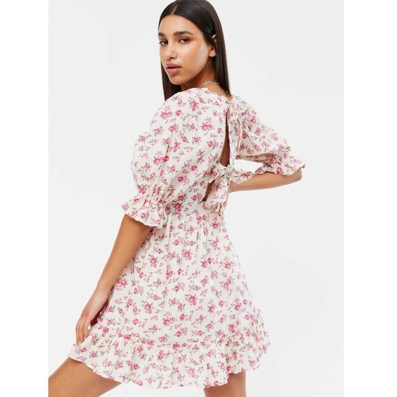 New Look Pink Floral Shirred Puff Sleeve Tie-Back Cotton Smock Mini Dress 14 - Picture 3 of 15